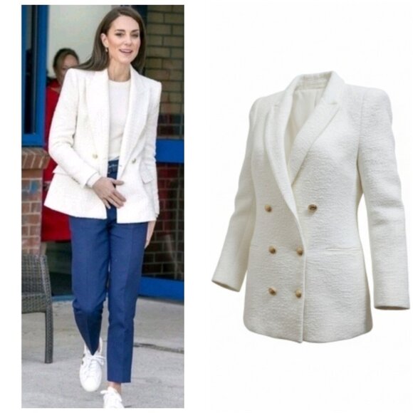 ZARA White Bouclé Double Breasted Blazer Gold Buttons Textured Jacket Women’s S - Picture 1 of 15